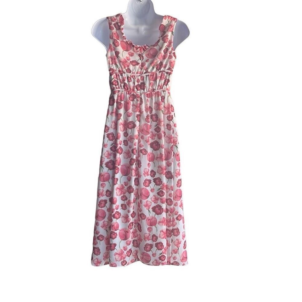 Samantha Sipos Medium Pink Strawberry Floral Front Tie Ruffles Midi Dress Kawaii - Picture 3 of 15